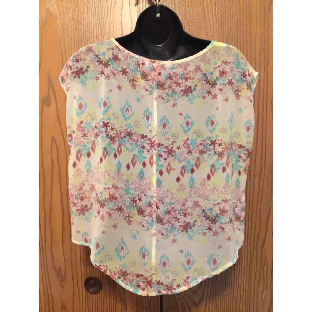 Decree Blouse Womens Size S Sleeveless Yellow Floral Multi Sheer Top Longer Back - Picture 7 of 9